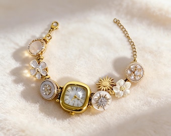Handmade Watch Bracelet - Vintage Gold-Tone Charm Bracelet with Floral Star Gem Accents ，Anniversary Gift