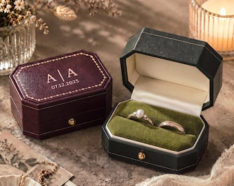 Personalized Leather Ring Box, Custom Laser Engraved Octagon Double Ring Case, Vintage Velvet Ceremony Box, Proposal & Wedding Gift