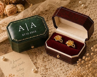 Custom Botanical Ring Box for Vow Renewal, Floral Engraved Leatherette Case, Gold Foil Monogrammed Holder, Unique Wedding Keepsake Gift