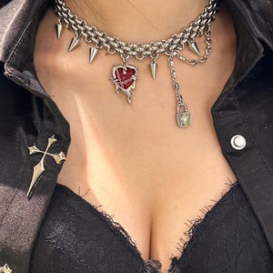 Handmade Choker Necklace: Red Teardrop Tassel, Gothic Heart Y2K Jewelry