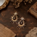 Vintage Gold Starburst Crystal Dangle Earrings, Celestial Sunburst Drop Jewelry, Gothic Pierced Clip On Stud, Gift for Her