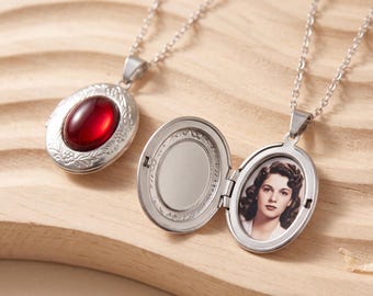 Custom Picture Oval Medallion Necklace, Gothic Garnet Photo Locket Pendant, Romantic Birthday Keepsake for Girlfriend, Personalised Gift