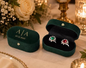 Engraved Oval Velvet Ring Box for Ceremony, Vintage Dual Slot Holder, Personalized Bride Groom Proposal Gift, Stamped Name Jewelry Storage