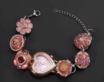 Vintage Watch Bracelet: Rose Gold Button Bead Charm Pink Floral Jewelry