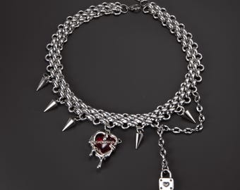 Handmade Choker Necklace: Gothic Heart Teardrop Tassel, Silver Jewelry