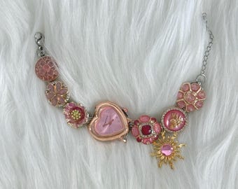 Handmade Watch Bracelet: Rose Gold Button Bead Charm Pink Floral Jewelry