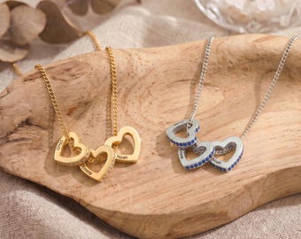 Dainty Interlocking Hearts Necklace, Custom Family Name Pendant, Personalized Mother Daughter Birthstone Jewelry, Meaningful Gift for Her