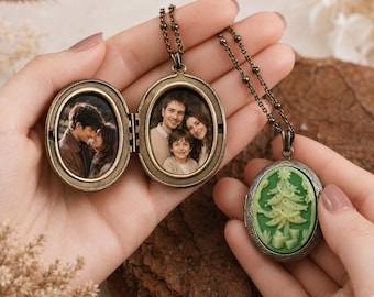 Custom Christmas Tree Photo Locket Necklace, Vintage Cameo Pendant, Personalized Keepsake Gift for Mom Wife, Memorial Picture Jewelry
