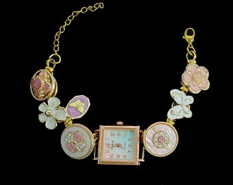 Pulsera de reloj vintage: reloj de pulsera con dije de cristal, esfera pequeña, con degradado rosa y botón floral, regalo para ella
