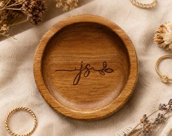 Monogram Walnut Wood Jewelry Plate, Custom Date Round Proposal Ring Keeper, Carved Timber Keepsake Platter, Bridal Shower Gift for Couple
