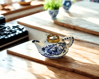 Vintage Delft Blue Miniature Teapot Oil Lamp | Hand-Painted Dutch Windmill Ceramic Finger Lamp