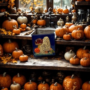 May include: A rustic autumn scene featuring a blue ceramic tile with a mushroom design, surrounded by various sizes of orange and white pumpkins. The pumpkins are arranged on wooden shelves, with fall leaves scattered around.