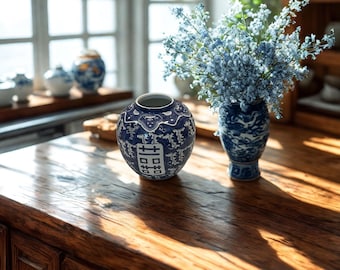 Vintage Chinese Blue & White Double Happiness Ginger Jar – Porcelain Lidded Decor Piece