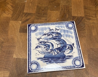 Vintage Outeiro Agueda Portuguese Tile — Hand‑Painted Blue & White Sailing Ship Ceramic