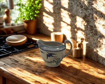 Vintage Japanse lustreware creamer • Handgeschilderde bluebirds en bloemen • Iriserende kan in Nippon-stijl