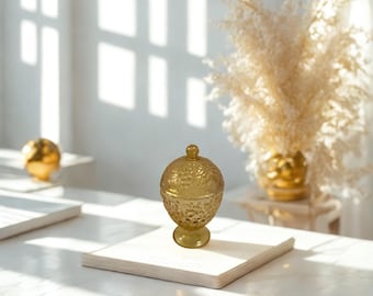 Vintage Avon Egg-Shaped Glass Candy Dish • Amber Floral Pedestal Collectible