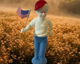 Vintage 1980 Avon Marching Proud Figurine, Milk Glass Boy with American Flag Cologne Decanter, Retro Patriotic Sweet Honesty Bottle