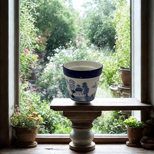 May include: A white and blue ceramic planter with a detailed landscape design, set on a wooden stand. The planter has a dark blue rim and is positioned in front of a window overlooking a garden.