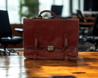Vintage Italiaanse leren aktetas – roodbruine schoudertas, volnerf stijl, ontwerp met meerdere vakken