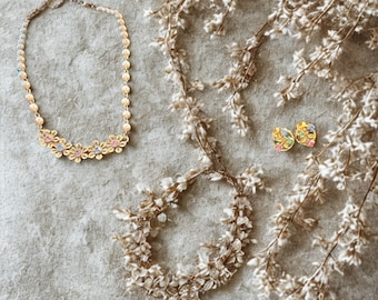 Vintage Pearl Crystal Flower Necklace & Mid-Century Rhinestone Earrings Set