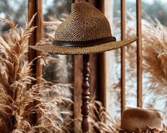 Vintage country gentleman fedora hoed open geweven zeegras stro brede rand bruine leren band zomer strand country