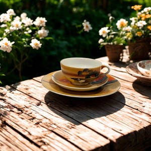 Könnte beinhalten: Ein Keramik-Tassenset mit Untertasse in einem warmen Gelb- und Braunverlauf, verziert mit einer gemalten Landschaftsszene, die einen kleinen weißen Schwan zeigt. Das Set steht auf einem passenden größeren Teller und bildet ein geschichtetes Arrangement.