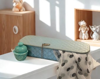 Mid‑Century Vanity Set – Quilted Glove Box, Avon Rose Embossed Jar, Retro Polka Dot Scarf & Cardigan Clip