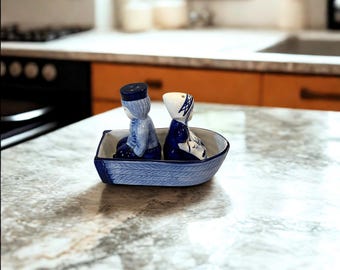 Vintage Delft Blue Salt & Pepper Shakers – Dutch Boy and Girl in Boat – Hand‑Painted Porcelain 1950s