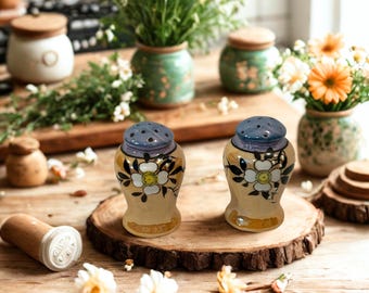 Vintage Japanese Lusterware Salt and Pepper Shakers Hand Painted Floral Cherry Blossom Shakers Mid Century Iridescent Peach Blue Japan