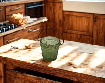 Vintage Green Glass Pail Ashtray with Textured Wood‑Slat Design