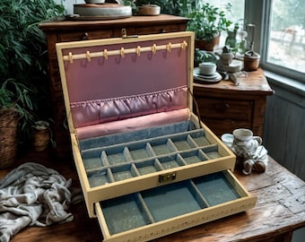Vintage Mele & Co Jewelry Box – Cream Gold Two-Tier Chest Blue Velvet Interior