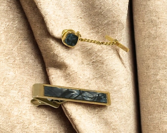 Vintage Gold Tone Tie Tack & Bar Set – Black Marbled Stone, England