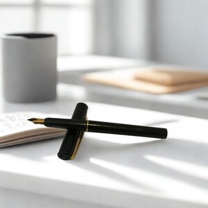 May include: A black fountain pen with a gold nib and accents, resting on a white surface next to a notepad. The pen's cap is open, revealing the nib. A gray mug and a stack of papers are in the background.