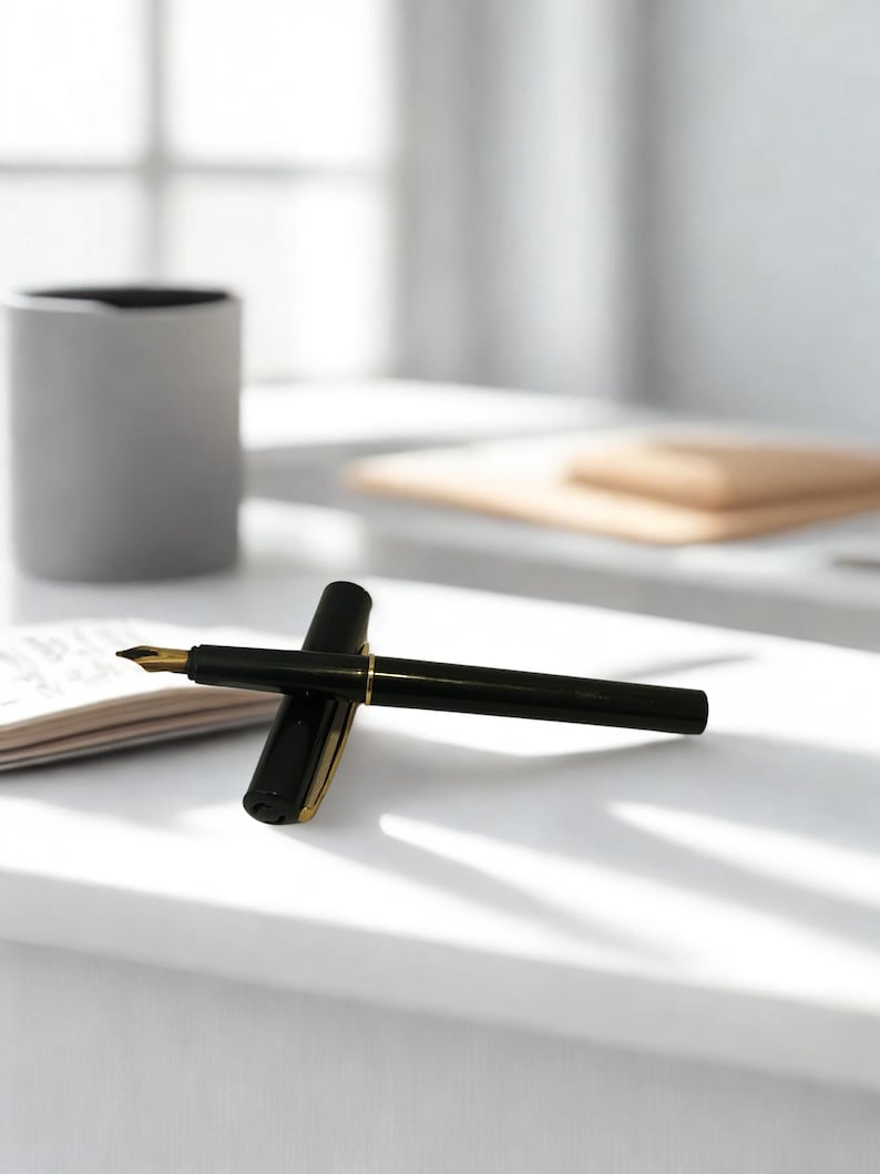 May include: A black fountain pen with a gold nib and accents, resting on a white surface next to a notepad. The pen's cap is open, revealing the nib. A gray mug and a stack of papers are in the background.