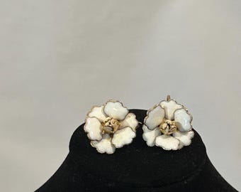 Vintage Enamel Flower Earrings, Gold Tone Mid Century Gardenia Jewelry