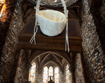 White Satin Flower Girl Basket – Lace & Beaded Wedding Petal Basket with Ribbons