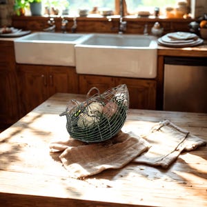 Op de afbeelding: Een rustieke keuken met een houten tafel met een draadmand gevuld met producten. Een linnen doek ligt op de tafel. De achtergrond toont een dubbele spoelbak, houten kasten en een raam met natuurlijk licht.