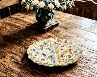 Vintage Andrea by Sadek Corona Chintz Divided Serving Platter, Floral Porcelain Fan Dish, Made in Japan