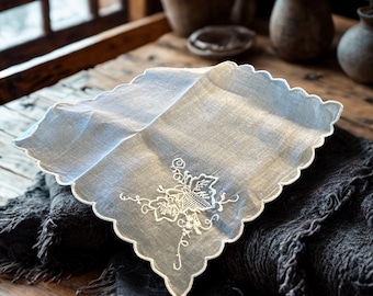 Vintage Linen Handkerchief with Floral Embroidery & Scalloped Border | Madeira‑Style Wedding Hanky