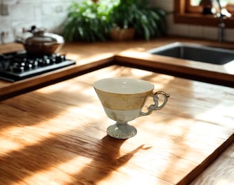 Vintage Lusterware Porcelain Teacup – Gold Trim, Footed Base, Mid‑Century Floral Design