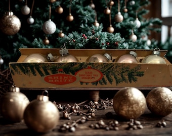 Adornos de cristal rosa brillante • Vintage de los años 50, EE. UU. • Pátina de mediados de siglo • Caja original • Acabado de mercurio plateado