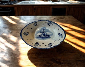 Vintage Delft Blue Reticulated Bowl: Hand Painted Holland Windmill Ceramic Dish