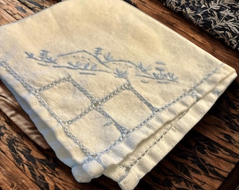 Antique White Linen Handkerchief | Blue Embroidery & Grid‑Style Cutwork, Early 20th C.