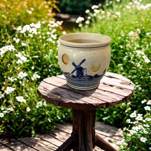 Vintage Delft Blue Crocus Bulb Planter, Hand Painted Dutch Windmill Flower Pot, Authentic Delfts Blauw Ceramic Orchid Vase, Garlic Keeper