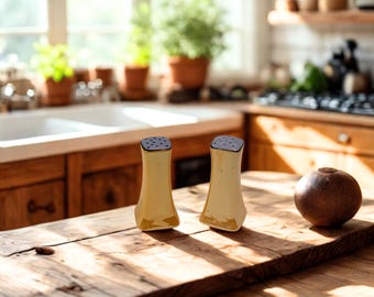 Vintage lustreware zout- en pepervaatjes Japanse keramiek iriserend blauw goud oranje shaker set jaren 1930 jaren 1940 art deco keukendecor