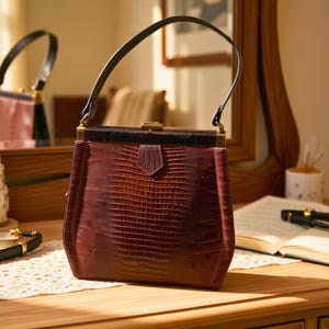 Könnte beinhalten: Eine strukturierte Handtasche mit einem tiefburgunderfarbenen, texturierten Eidechsenhautmuster. Die Tasche hat einen dunkelbraunen oberen Rahmen, einen einzelnen gebogenen Griff und einen goldfarbenen Metallverschluss in der Mitte. Das Design umfasst eine kleine dreieckige Lasche.