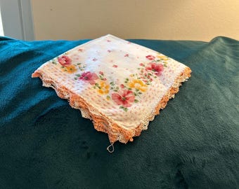 Retro Floral Handkerchief | Red & Yellow Flowers on White Cotton with Lace Edge