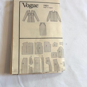 May include: A vintage Vogue sewing pattern, model 1931, featuring illustrations of a jacket, skirt, and pattern pieces. The cover is beige with black text and diagrams. The pattern includes five pages.