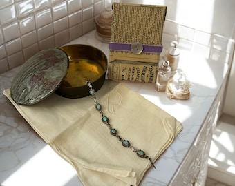 Sterling Opal Bracelet, Brass Box, Vintage Linen & Sears Ephemera Set