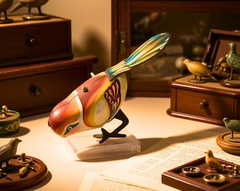 May include: A colorful tin bird toy with a red, yellow, and white body, blue and yellow striped tail feathers, and black metal legs. The bird is mounted on a clear rectangular base and features a small metal winding key on its back.
